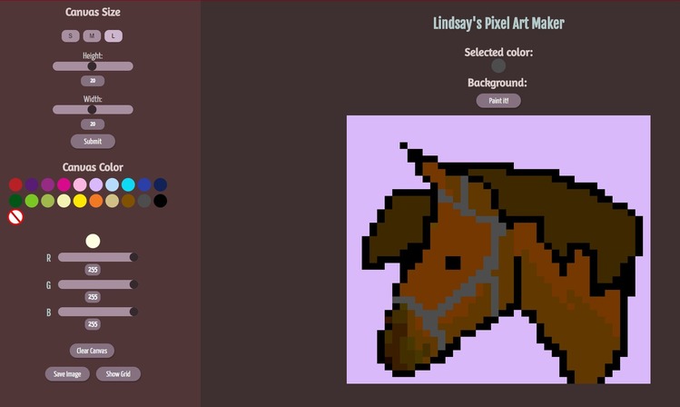 Pixel Art Maker screenshot with horse drawn in pixels